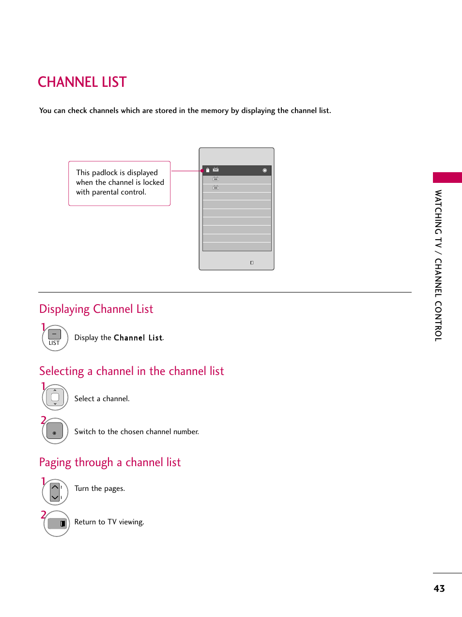 Channel list, Displaying channel list, Selecting a channel in the channel list | Paging through a channel list | LG 50PV450 User Manual | Page 43 / 124