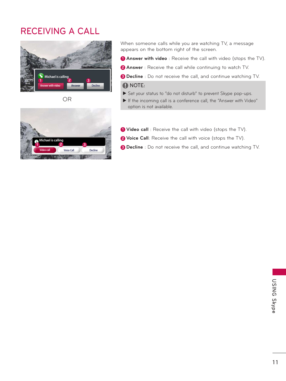 Receiving a call, Us in g s ky pe | LG AN-VC400 User Manual | Page 11 / 14