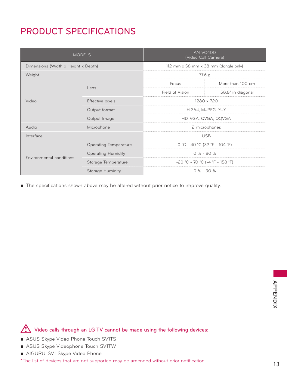 Product specifications | LG AN-VC400 User Manual | Page 13 / 14