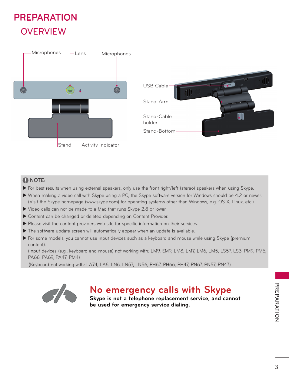 Preparation, Overview, No emergency calls with skype | LG AN-VC400 User Manual | Page 3 / 14