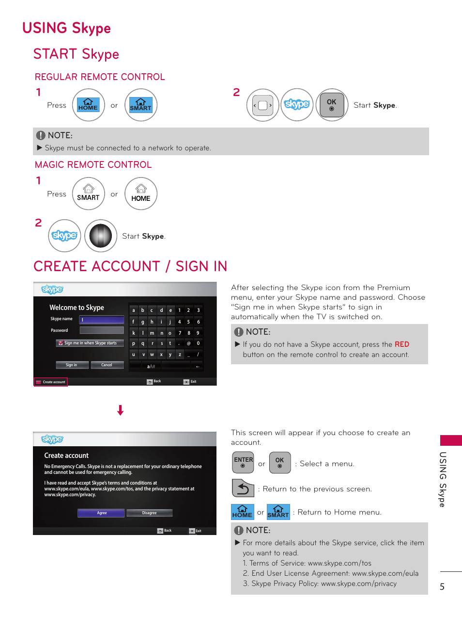 Using skype, Start skype, Create account / sign in | Start skype create account / sign in, Magic remote control regular remote control, Us in g s ky pe | LG AN-VC400 User Manual | Page 5 / 14