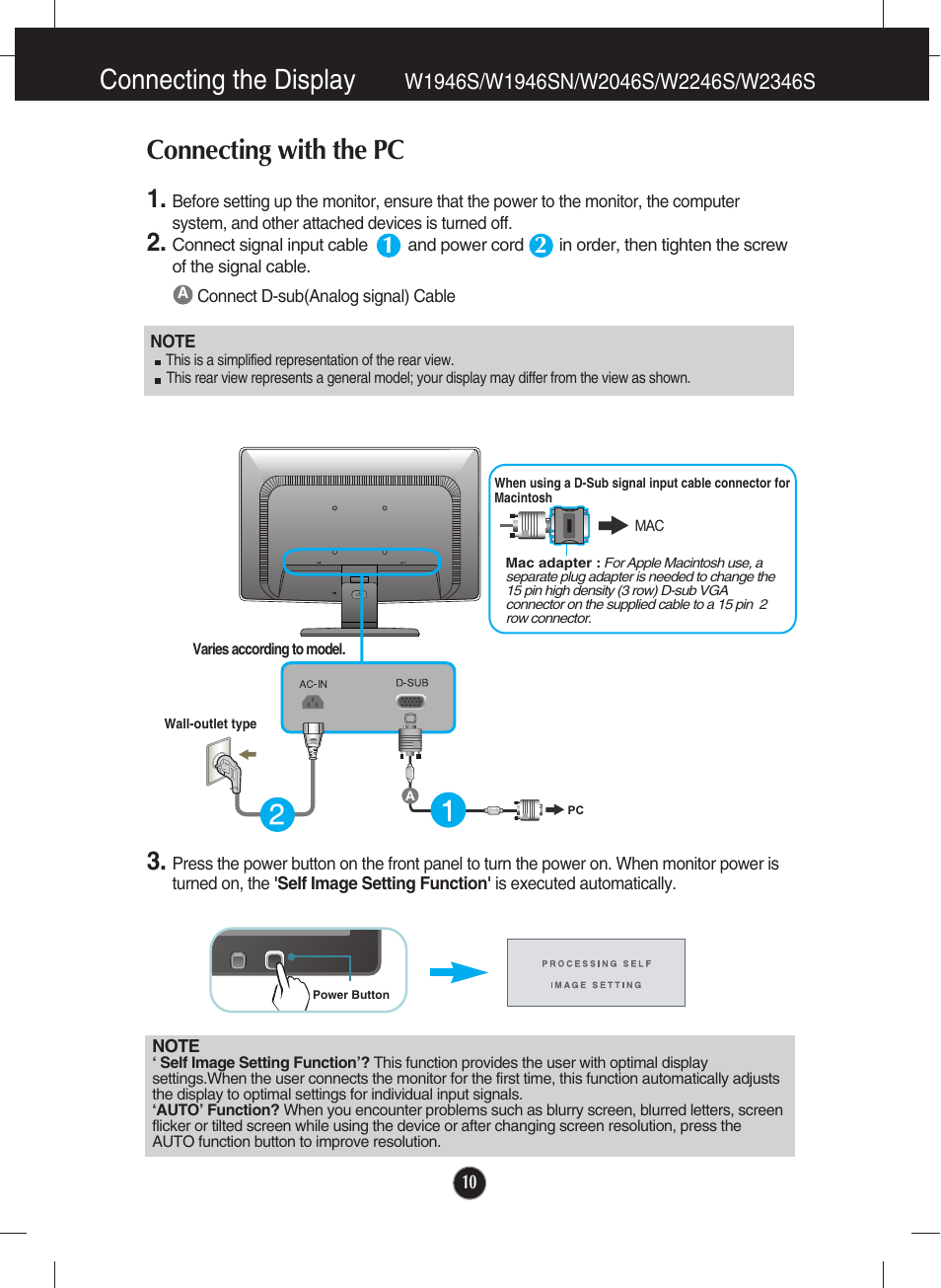 W1946s/w1946sn/w2046s/w2246s/w2346s, Connecting the display, Connecting with the pc | LG W2246S-BF User Manual | Page 11 / 38