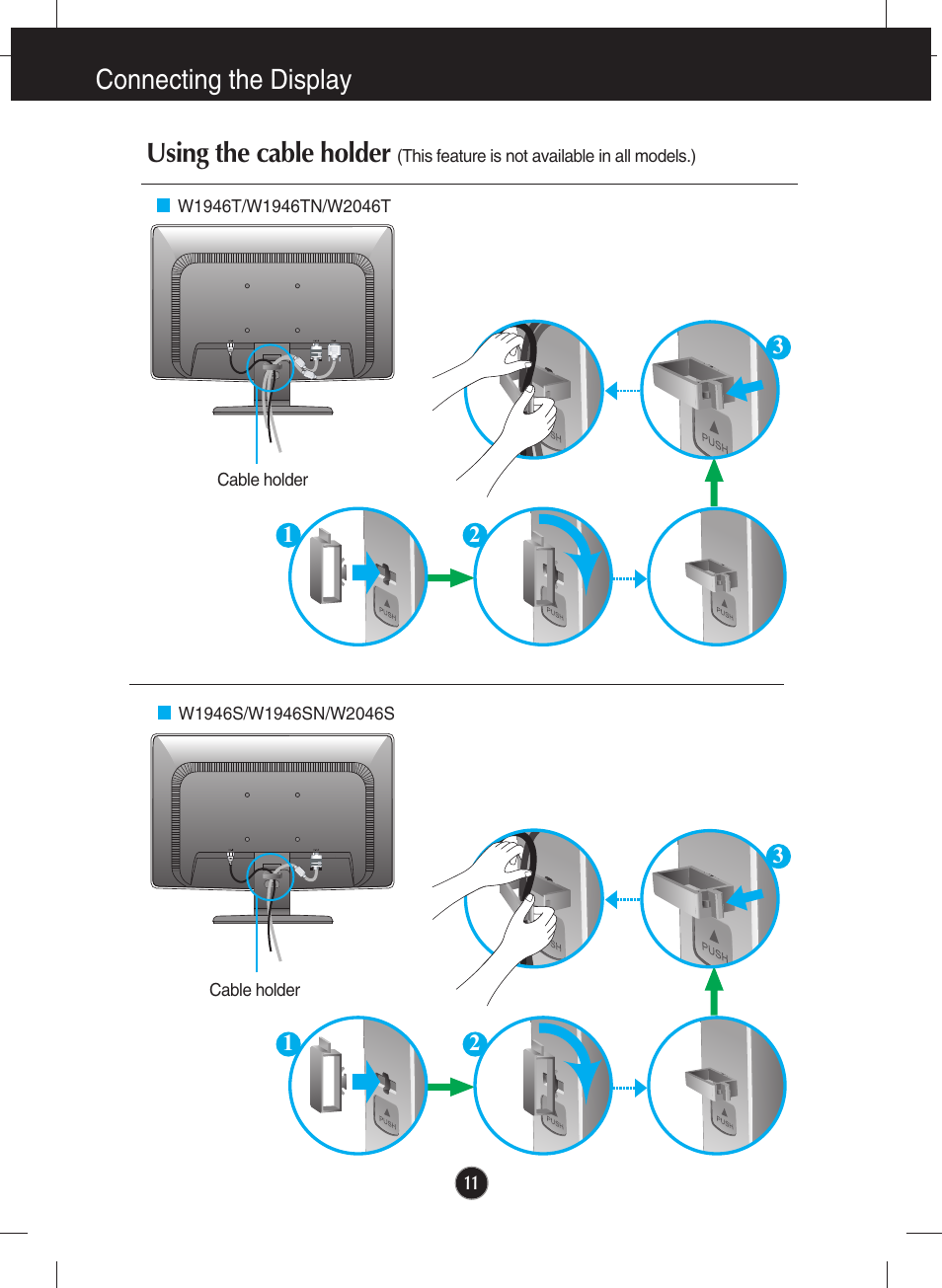 Using the cable holder, Connecting the display | LG W2246S-BF User Manual | Page 12 / 38