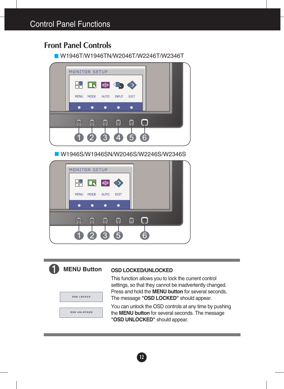 Control panel functions, Front panel controls, Control panel functions front panel controls | LG W2246S-BF User Manual | Page 13 / 38