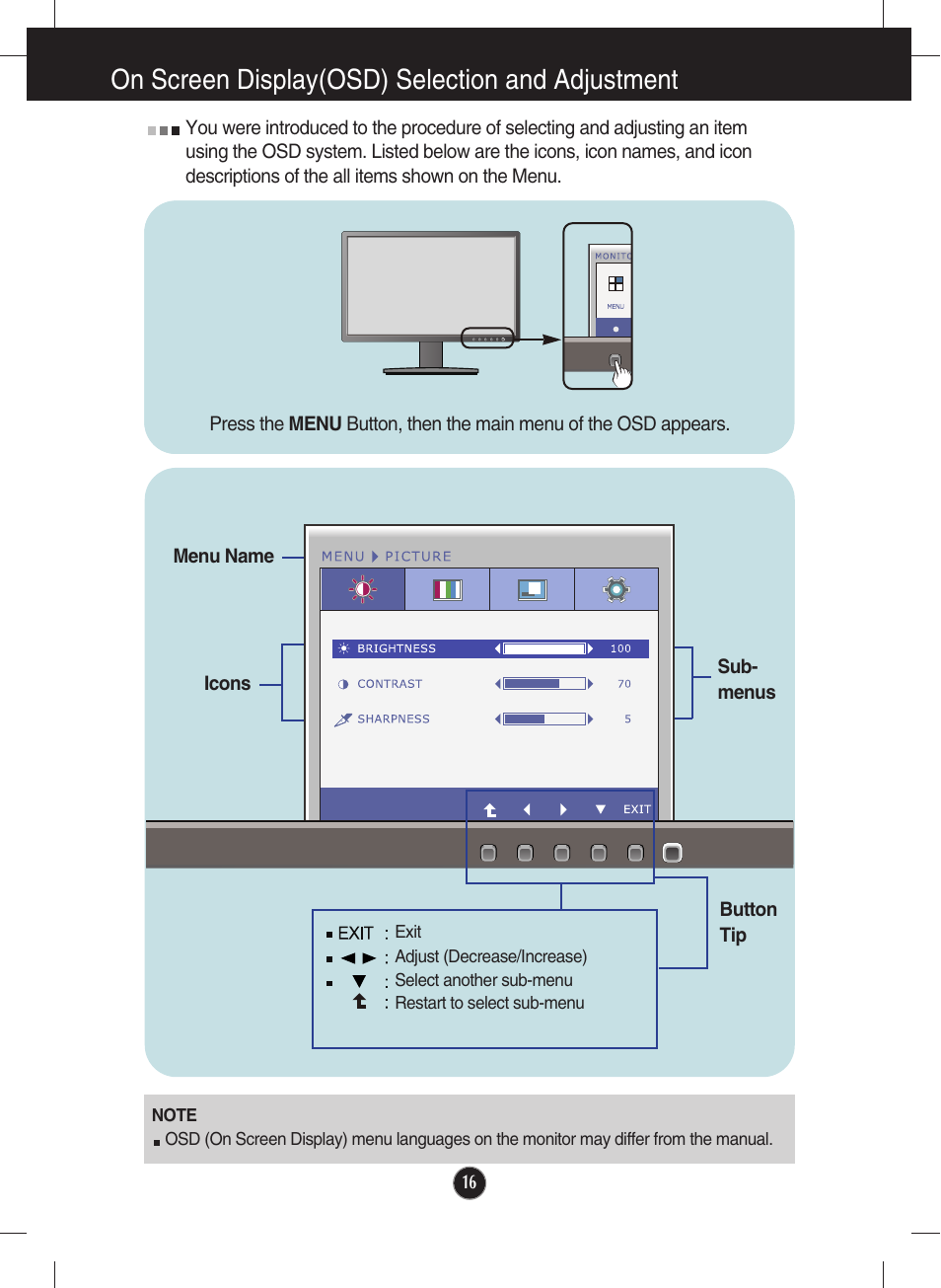 On screen display(osd) selection and adjustment | LG W2246S-BF User Manual | Page 17 / 38