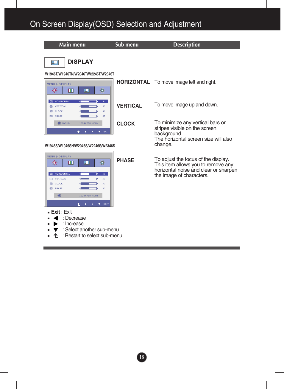Display, On screen display(osd) selection and adjustment | LG W2246S-BF User Manual | Page 19 / 38