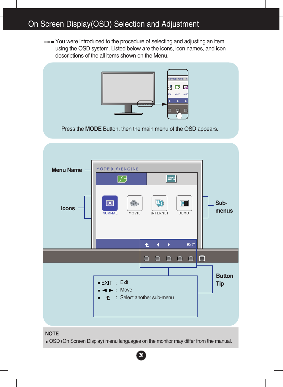 On screen display(osd) selection and adjustment | LG W2246S-BF User Manual | Page 21 / 38