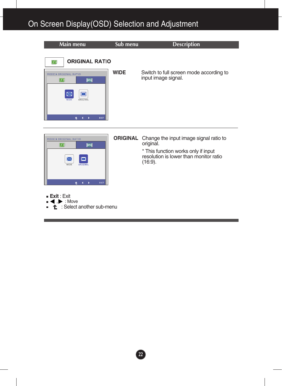 Original ratio, On screen display(osd) selection and adjustment | LG W2246S-BF User Manual | Page 23 / 38