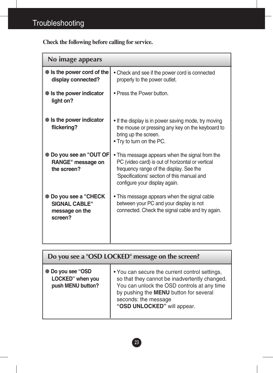 Troubleshooting, No image appears, Do you see a "osd locked" message on the screen | LG W2246S-BF User Manual | Page 24 / 38