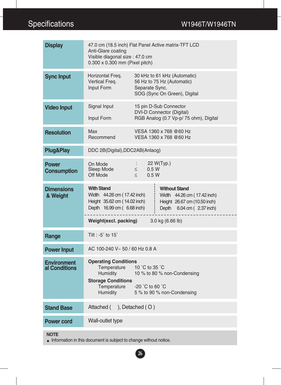 Specifications, W1946t/w1946tn | LG W2246S-BF User Manual | Page 27 / 38