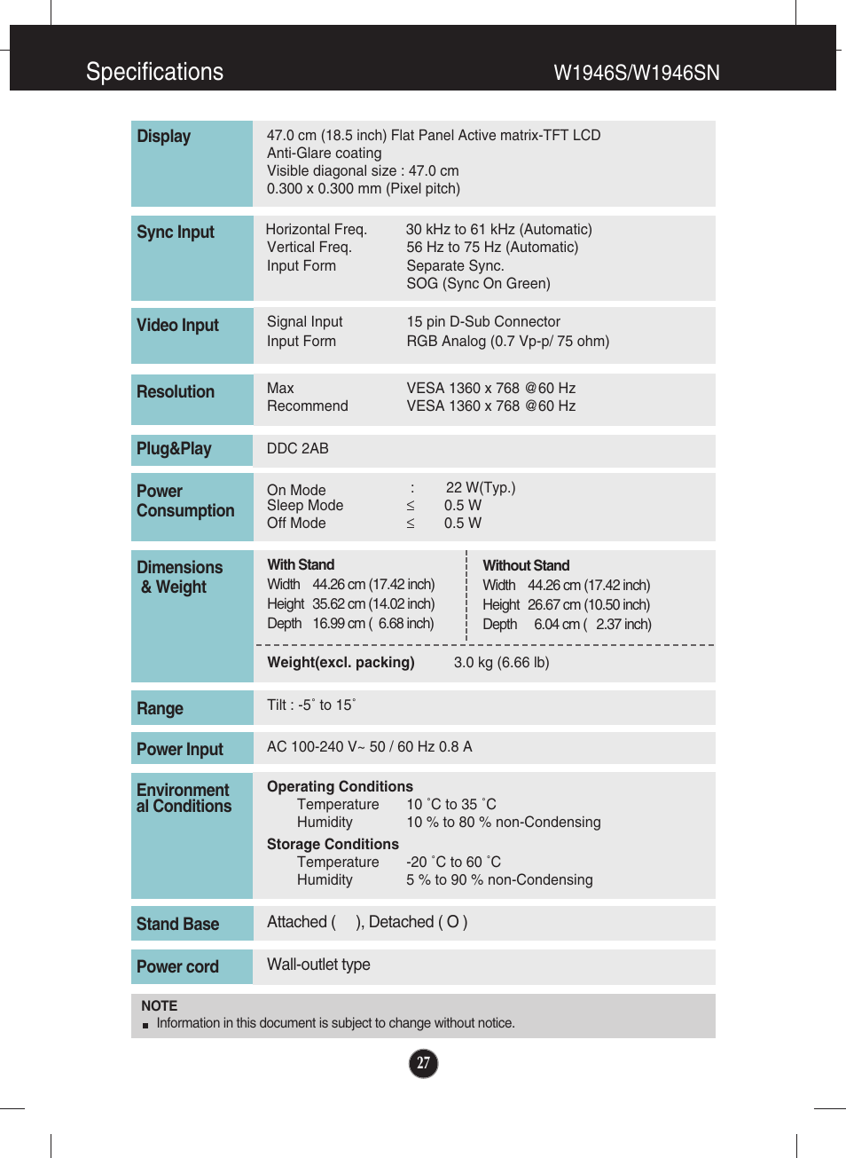 W1946s/w1946sn, Specifications | LG W2246S-BF User Manual | Page 28 / 38