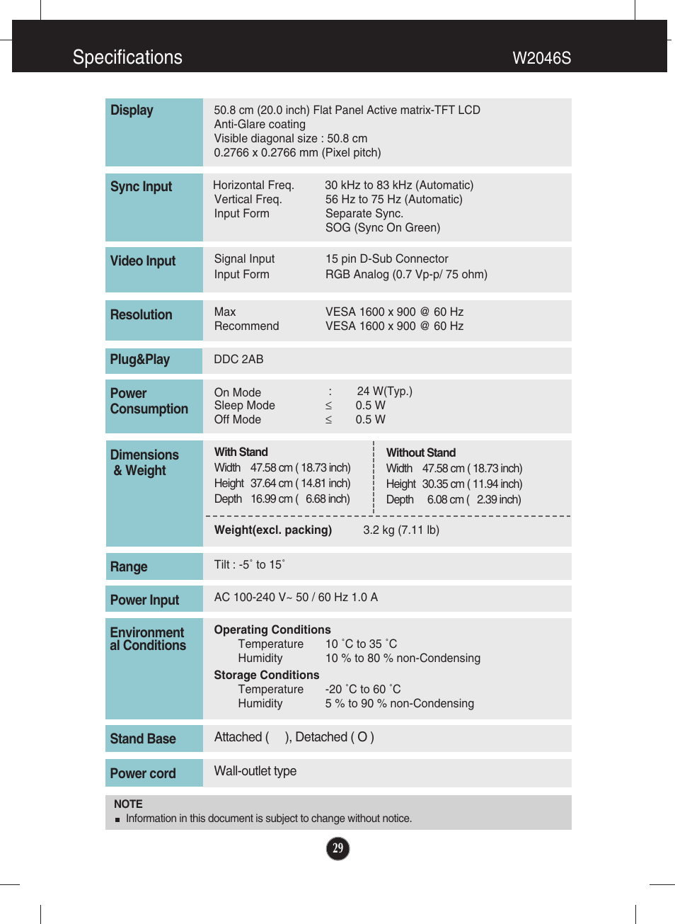 W2046s, Specifications | LG W2246S-BF User Manual | Page 30 / 38