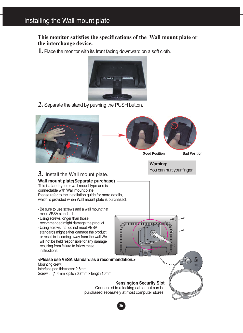 Installing the wall mount plate | LG W2246S-BF User Manual | Page 37 / 38