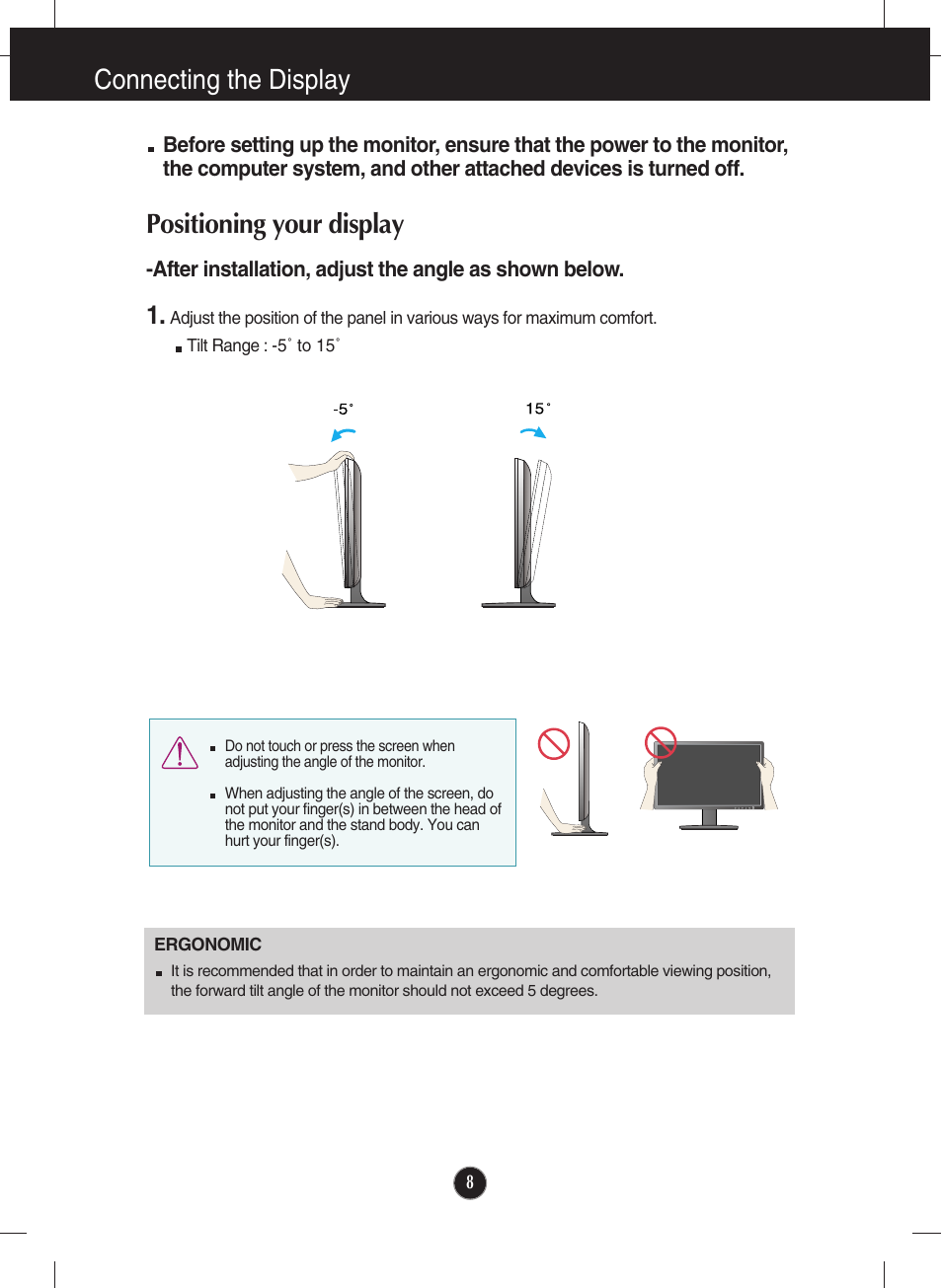 Positioning your display, Connecting the display | LG W2246S-BF User Manual | Page 9 / 38