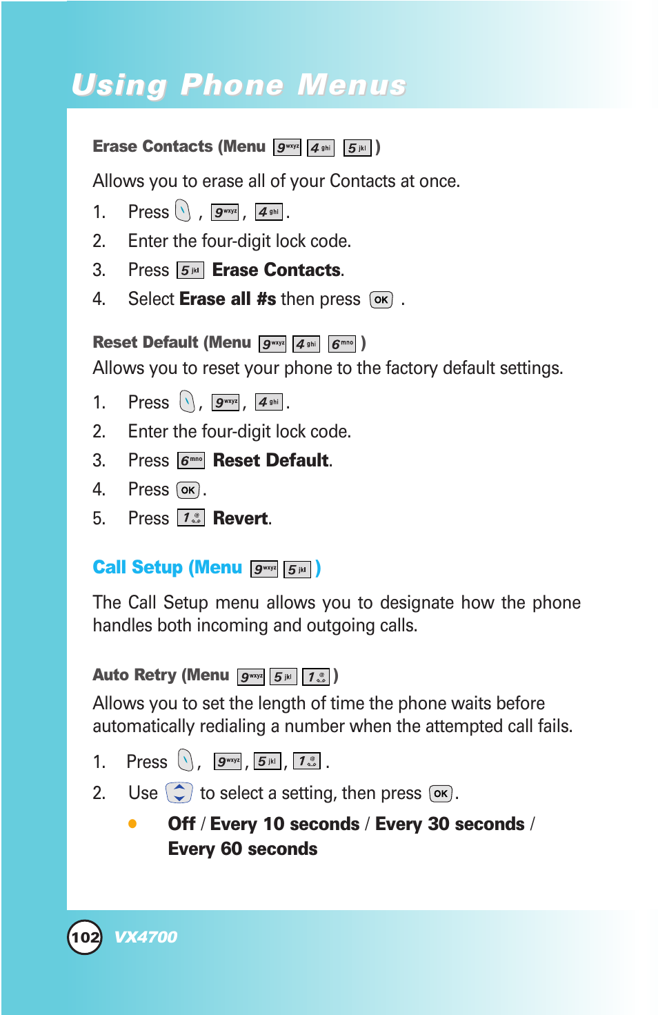 Using phone menus | LG VX4700 User Manual | Page 103 / 138