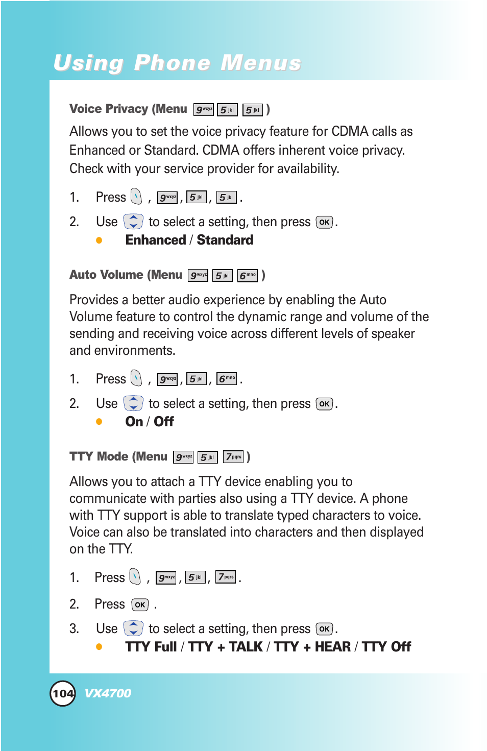 Using phone menus | LG VX4700 User Manual | Page 105 / 138