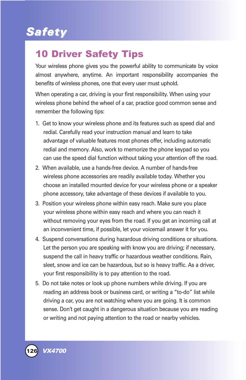 Safety, 10 driver safety tips | LG VX4700 User Manual | Page 127 / 138