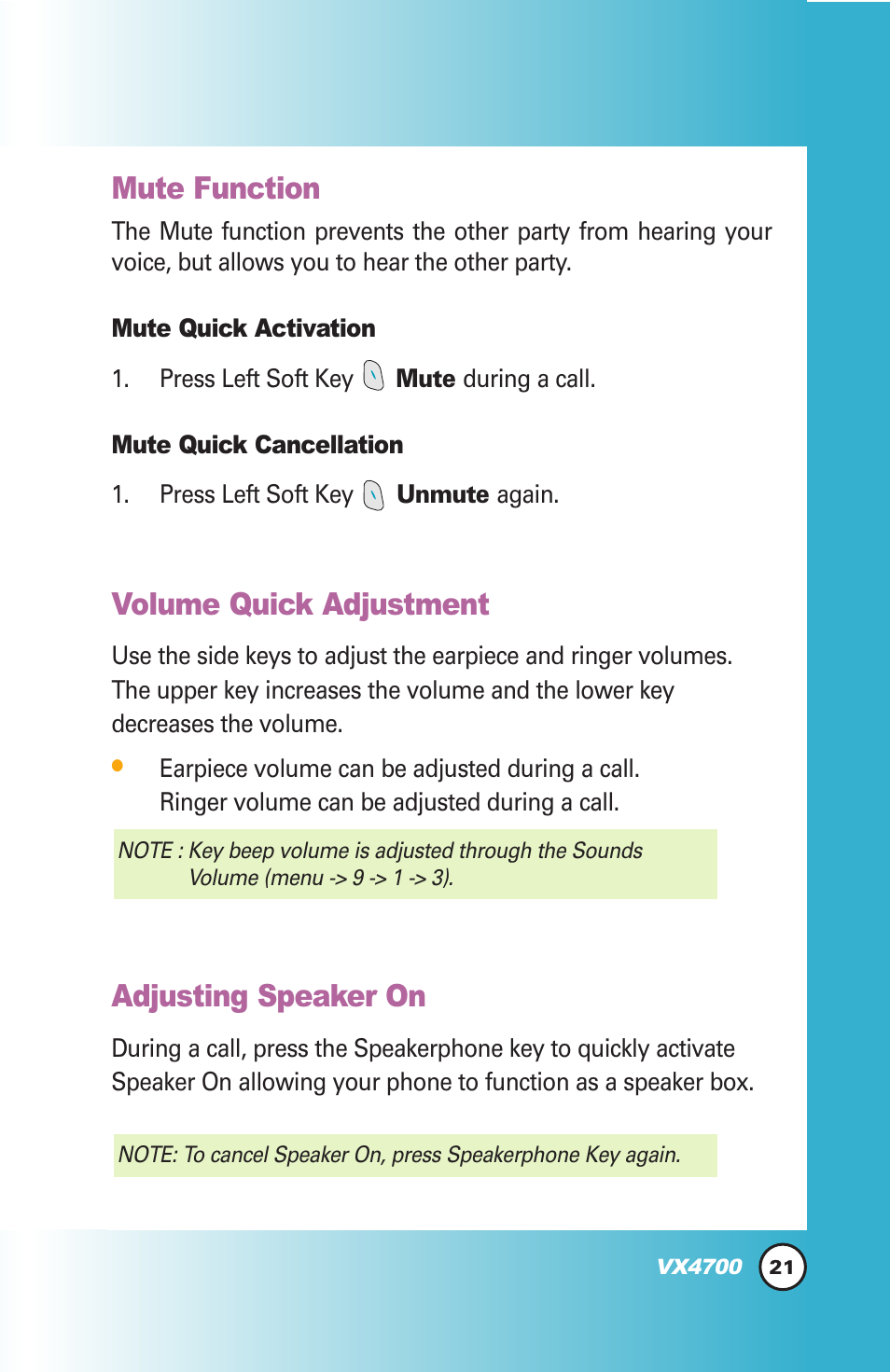 Mute function, Volume quick adjustment, Adjusting speaker on | LG VX4700 User Manual | Page 22 / 138