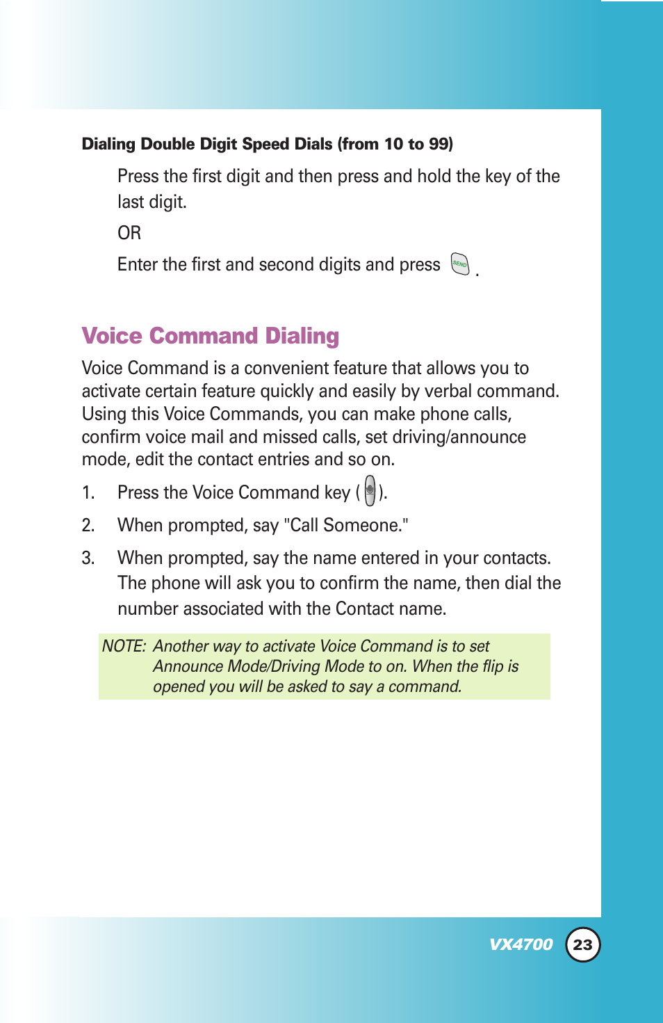 Voice command dialing | LG VX4700 User Manual | Page 24 / 138