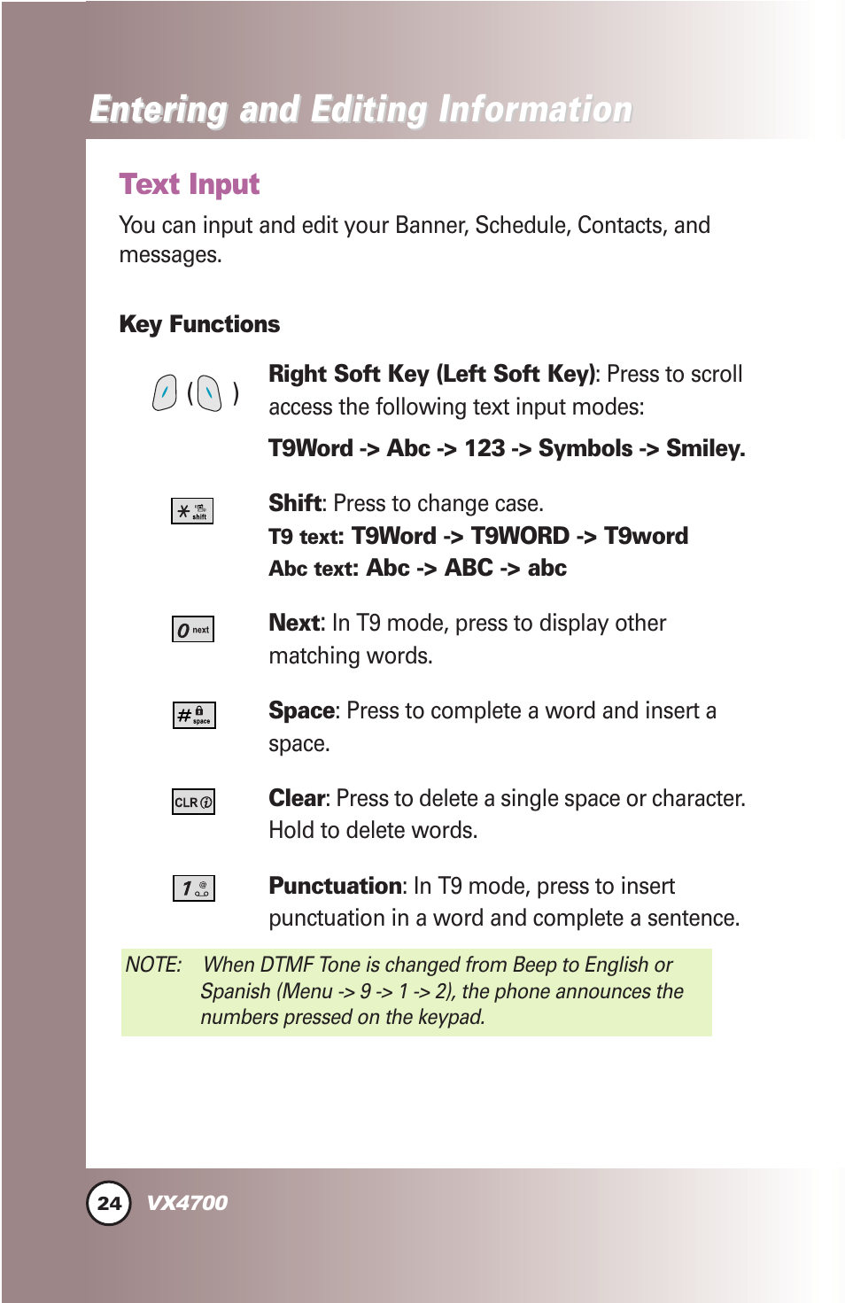 Entering and editing infor, Entering and editing infor mation mation, Text input | LG VX4700 User Manual | Page 25 / 138