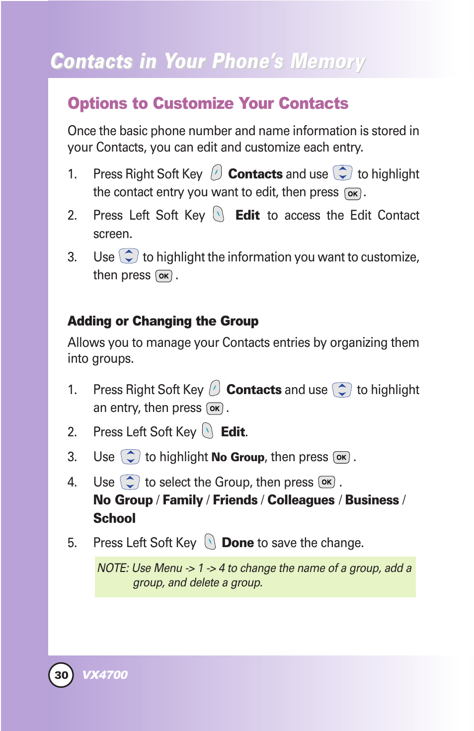 Contacts in y, Options to customize your contacts | LG VX4700 User Manual | Page 31 / 138