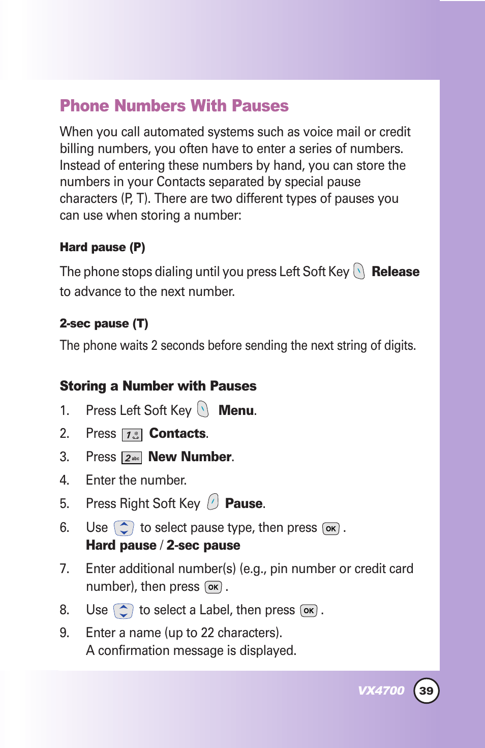 Phone numbers with pauses | LG VX4700 User Manual | Page 40 / 138