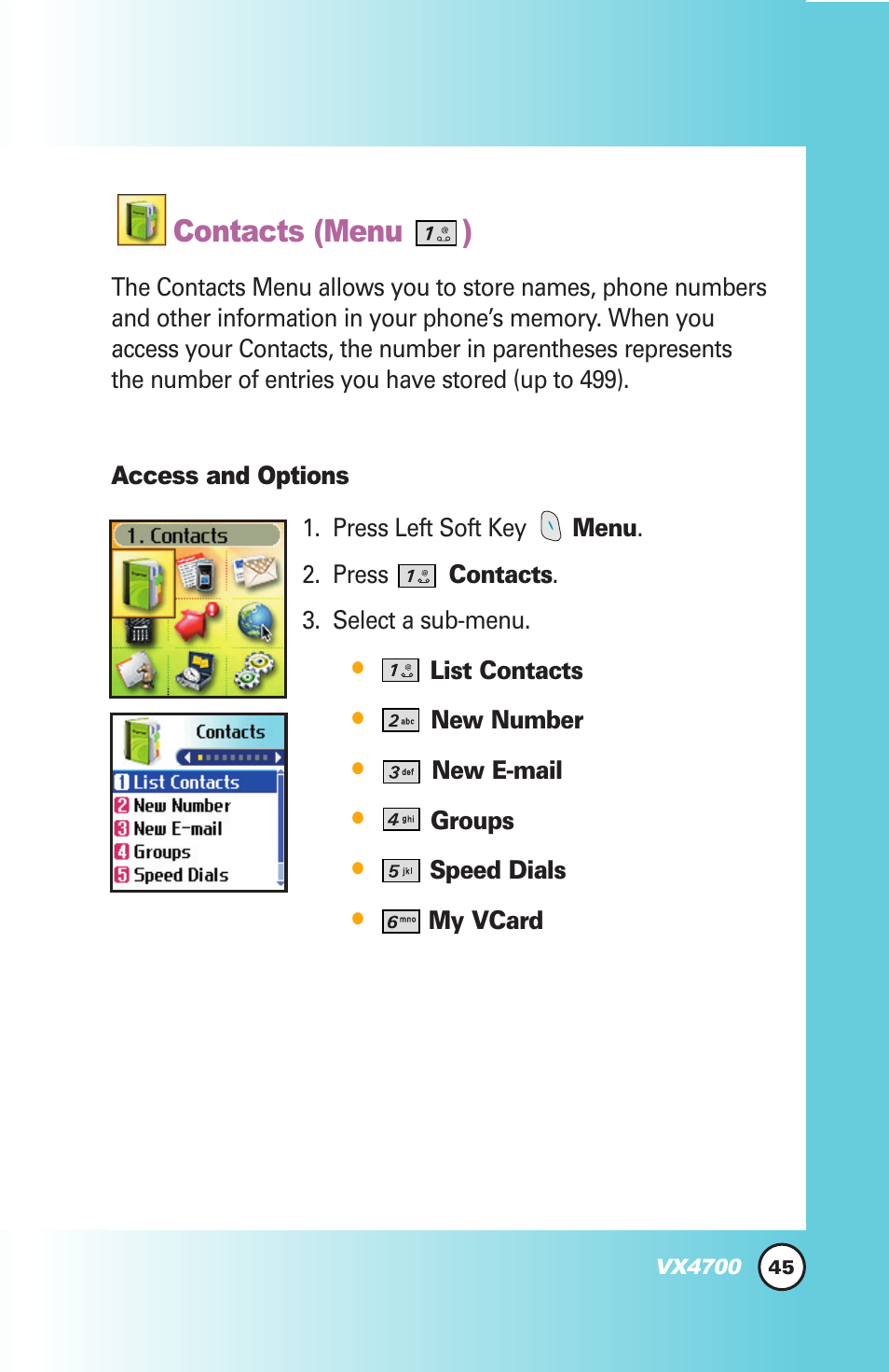 Contacts (menu ) | LG VX4700 User Manual | Page 46 / 138