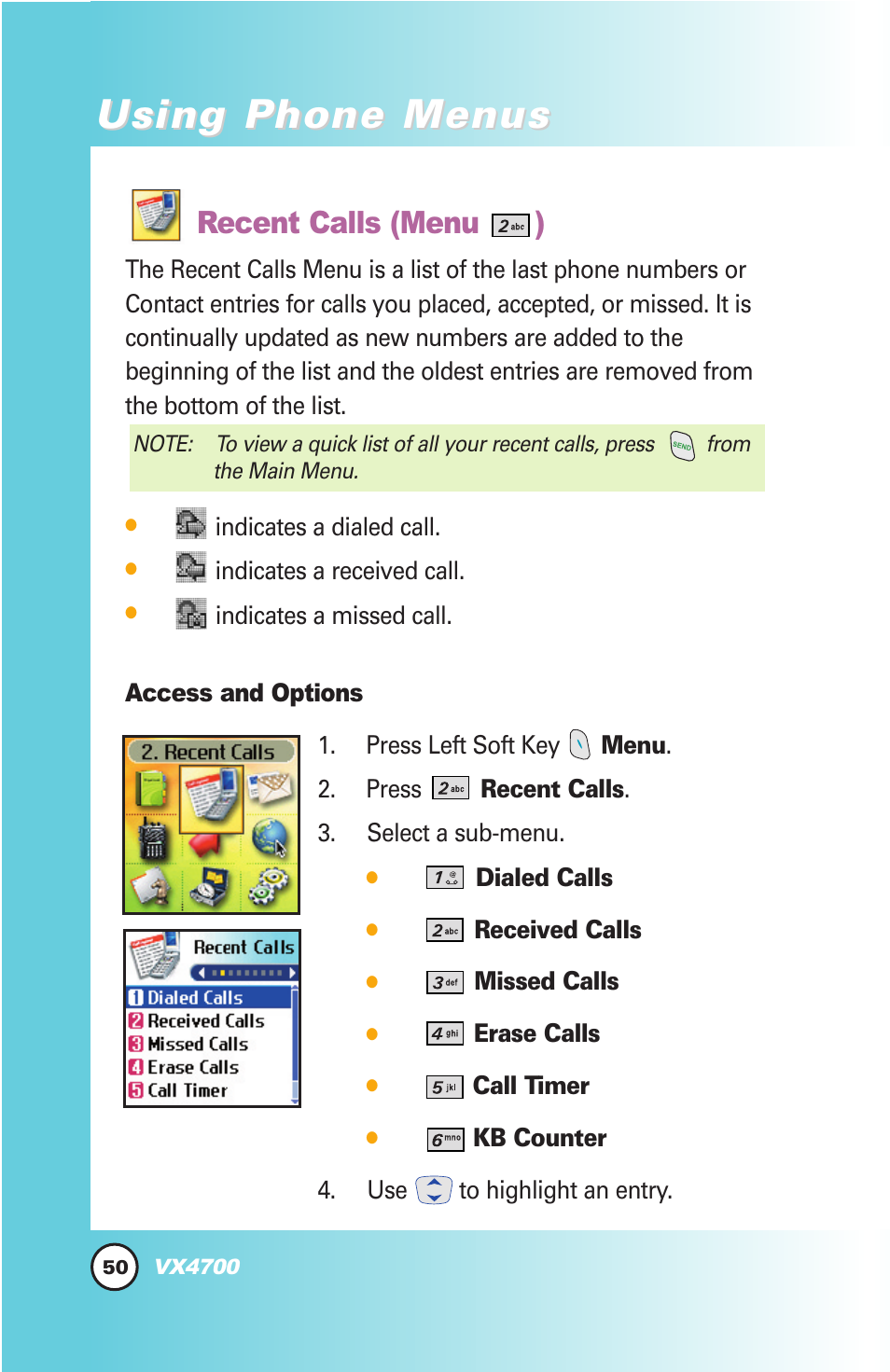 Using phone menus, Recent calls (menu ) | LG VX4700 User Manual | Page 51 / 138