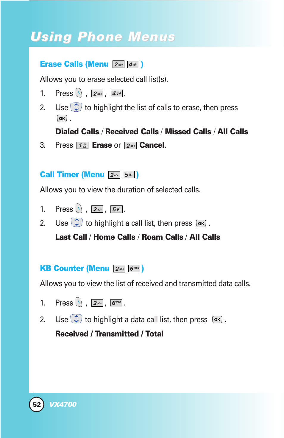 Using phone menus | LG VX4700 User Manual | Page 53 / 138