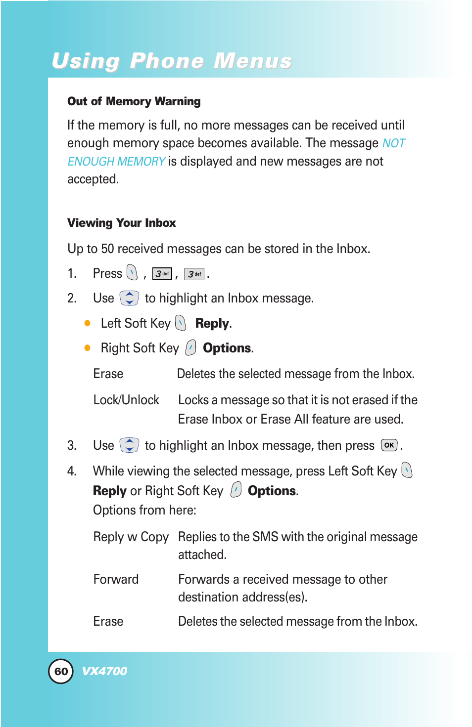 Using phone menus | LG VX4700 User Manual | Page 61 / 138