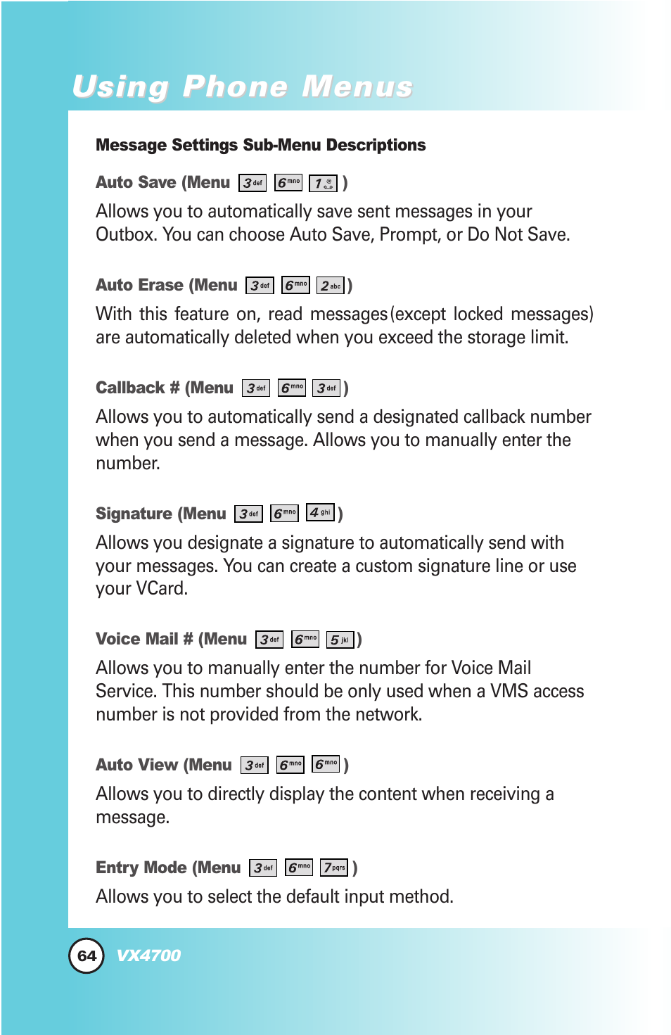 Using phone menus | LG VX4700 User Manual | Page 65 / 138