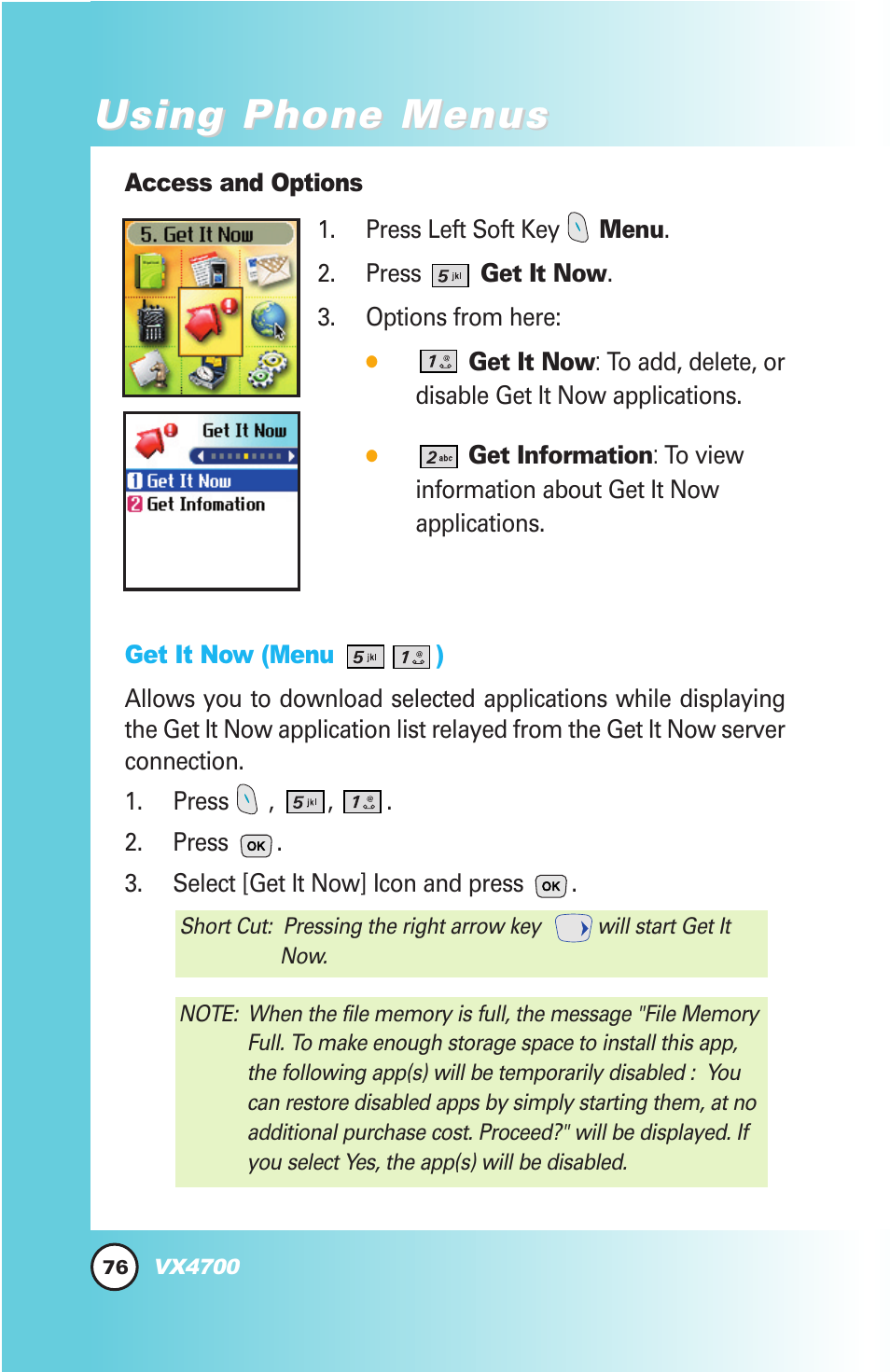 Using phone menus | LG VX4700 User Manual | Page 77 / 138