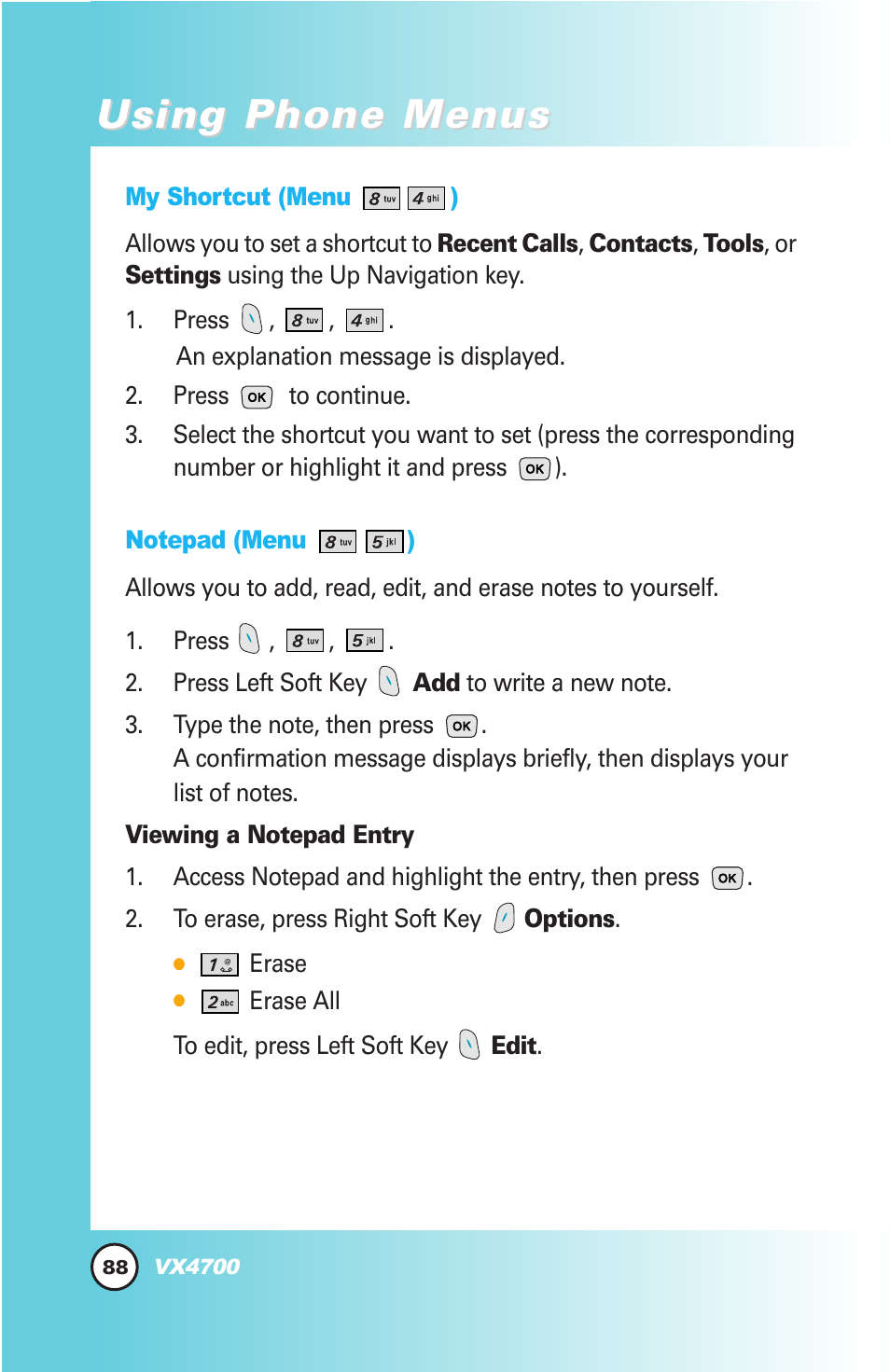 Using phone menus | LG VX4700 User Manual | Page 89 / 138