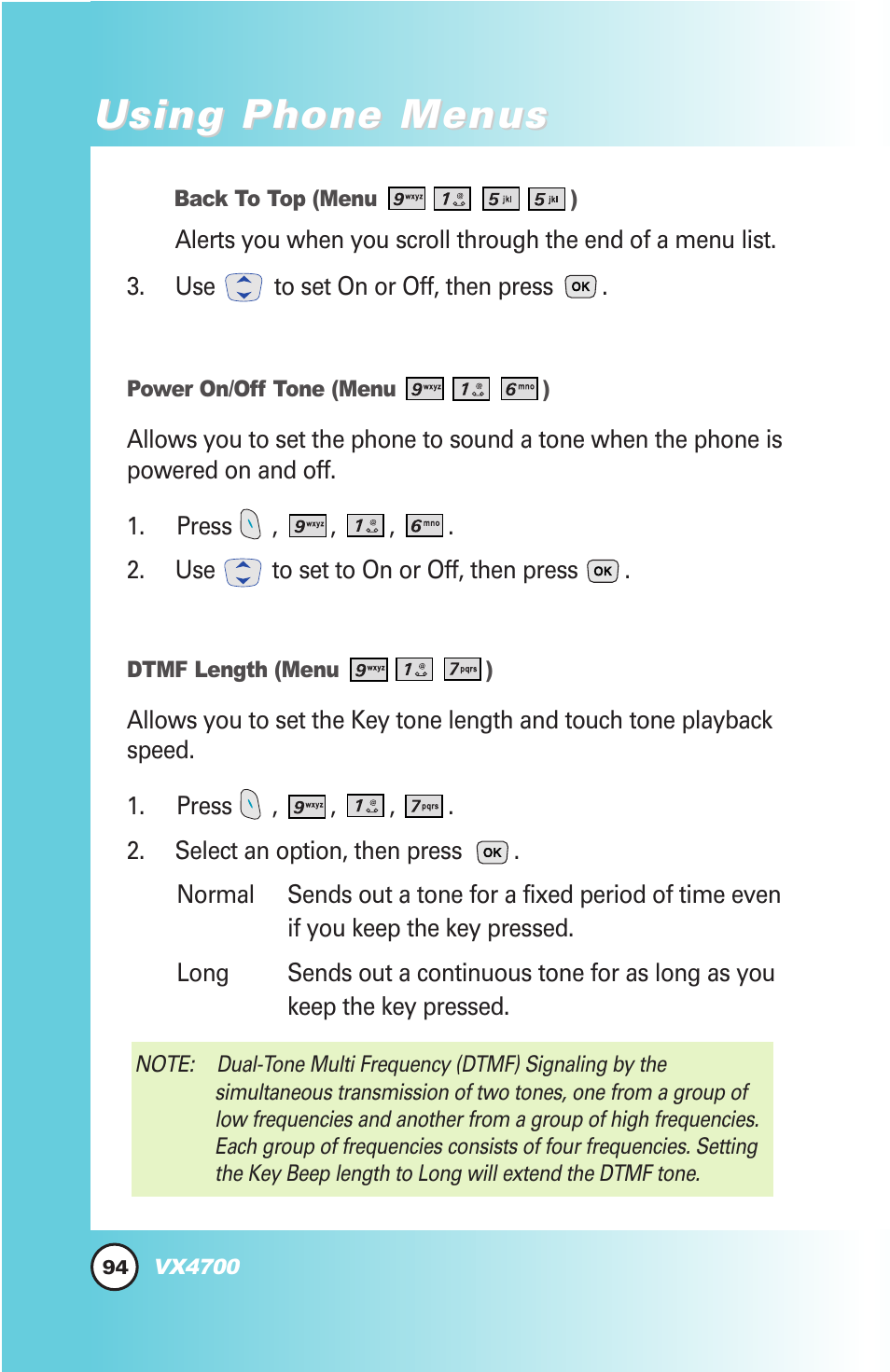 Using phone menus | LG VX4700 User Manual | Page 95 / 138