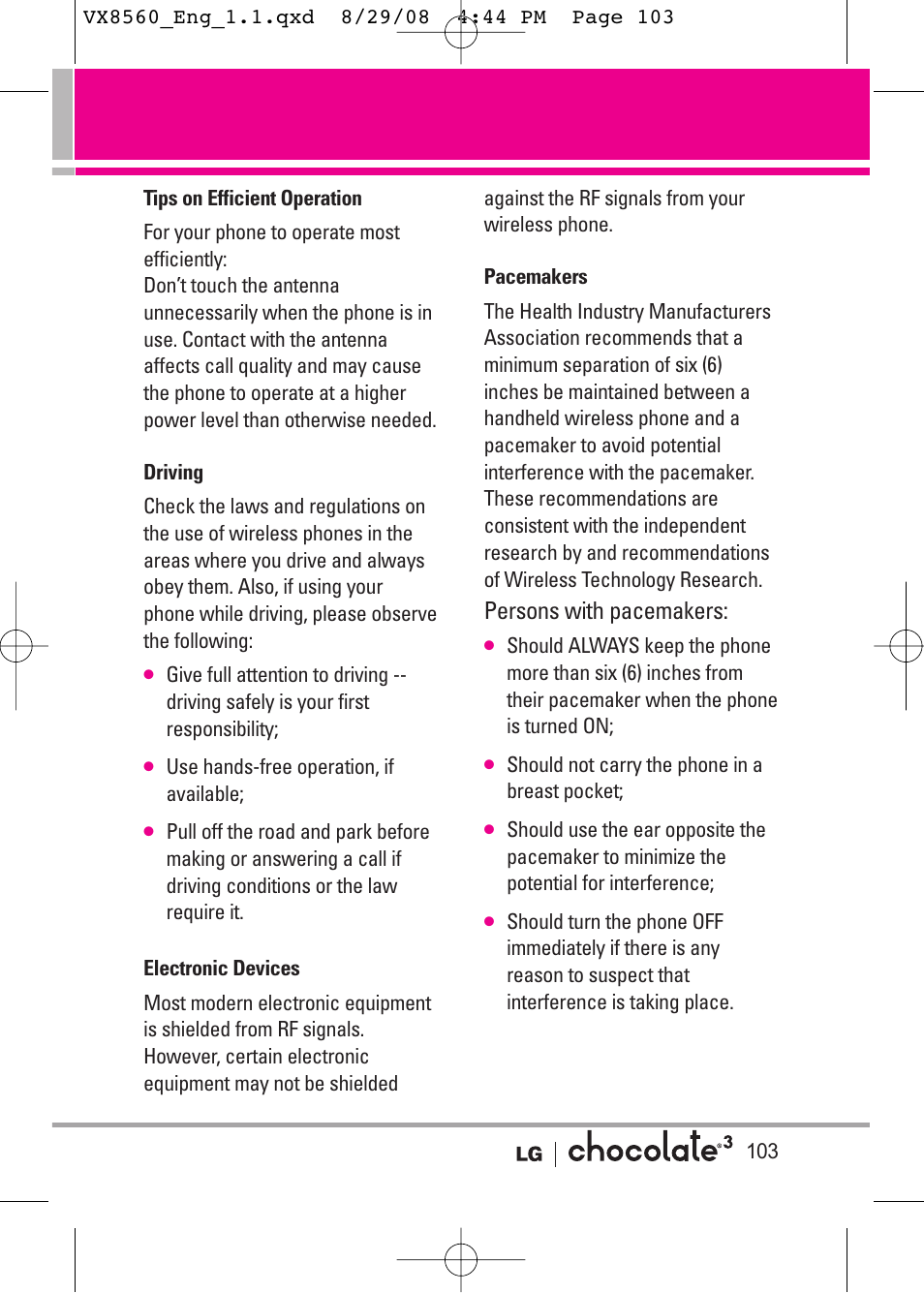 Persons with pacemakers | LG LGVX8560LK User Manual | Page 105 / 288