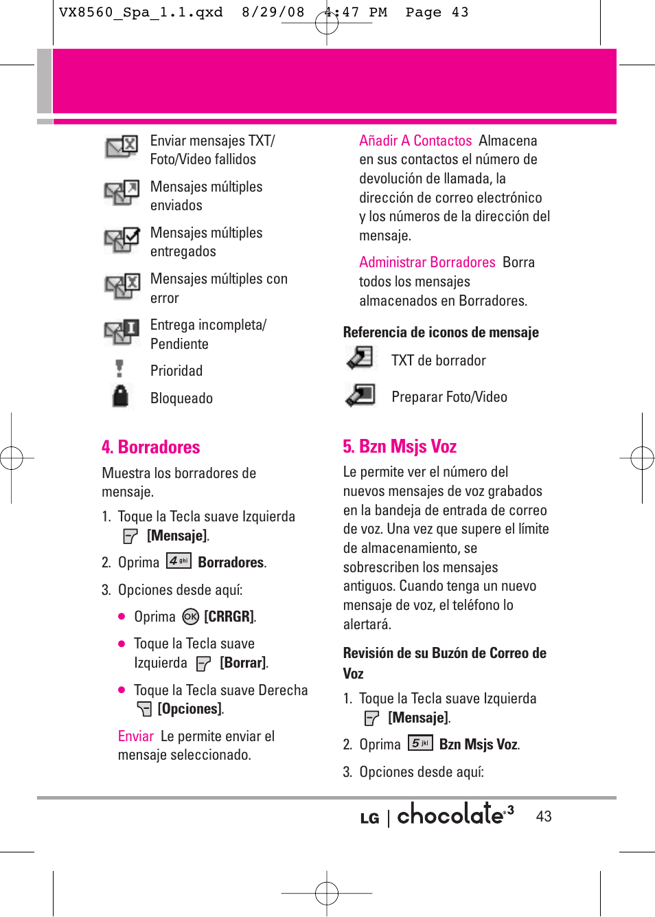 Borradores, Bzn msjs voz | LG LGVX8560LK User Manual | Page 180 / 288