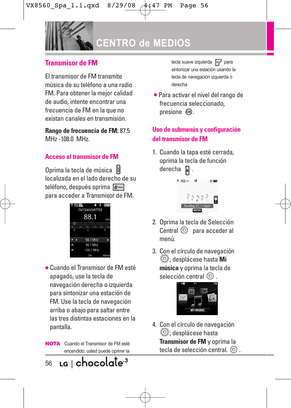 Centro de medios, Transmisor de fm | LG LGVX8560LK User Manual | Page 193 / 288