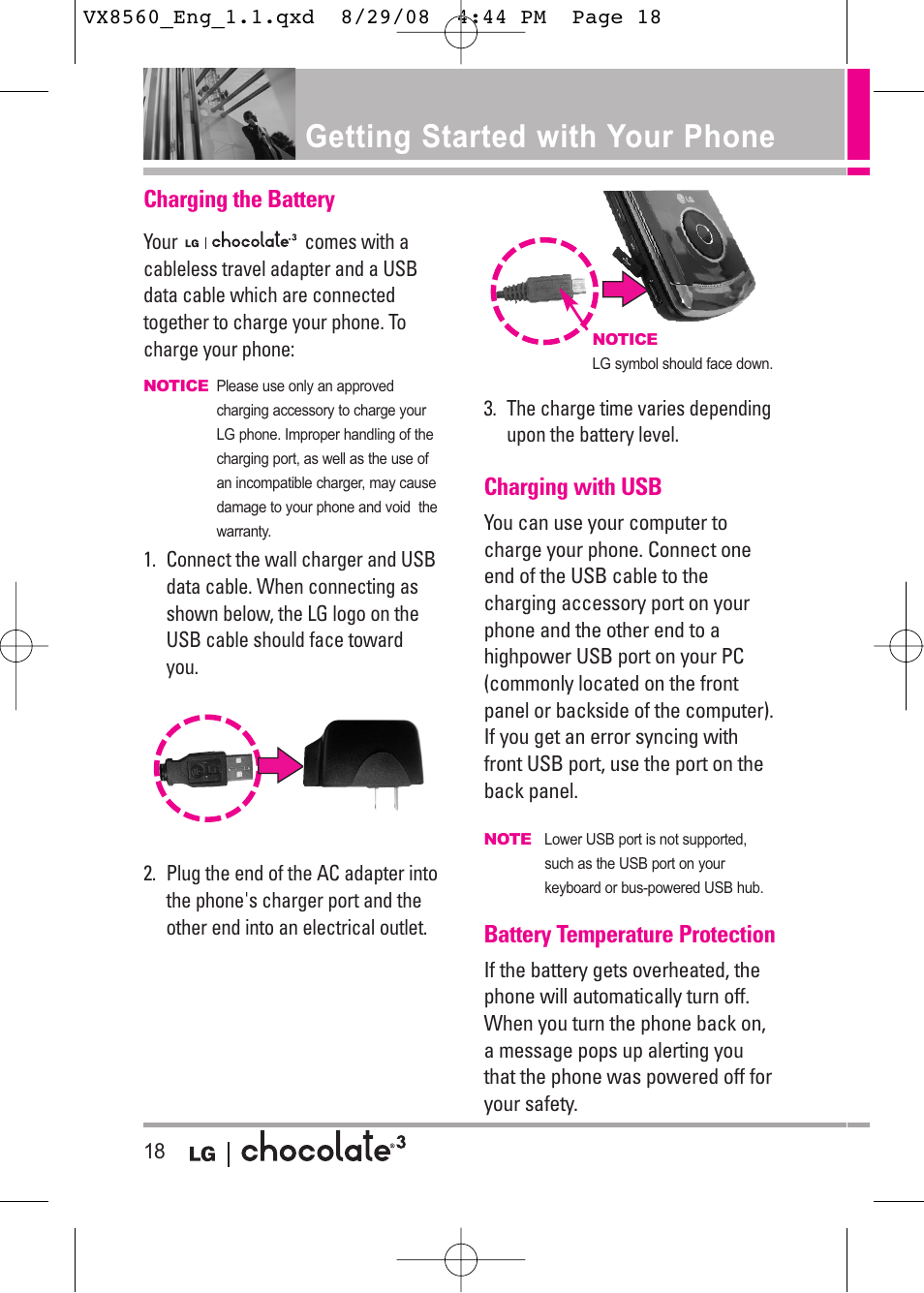 Getting started with your phone, Charging the battery, Charging with usb | Battery temperature protection | LG LGVX8560LK User Manual | Page 20 / 288