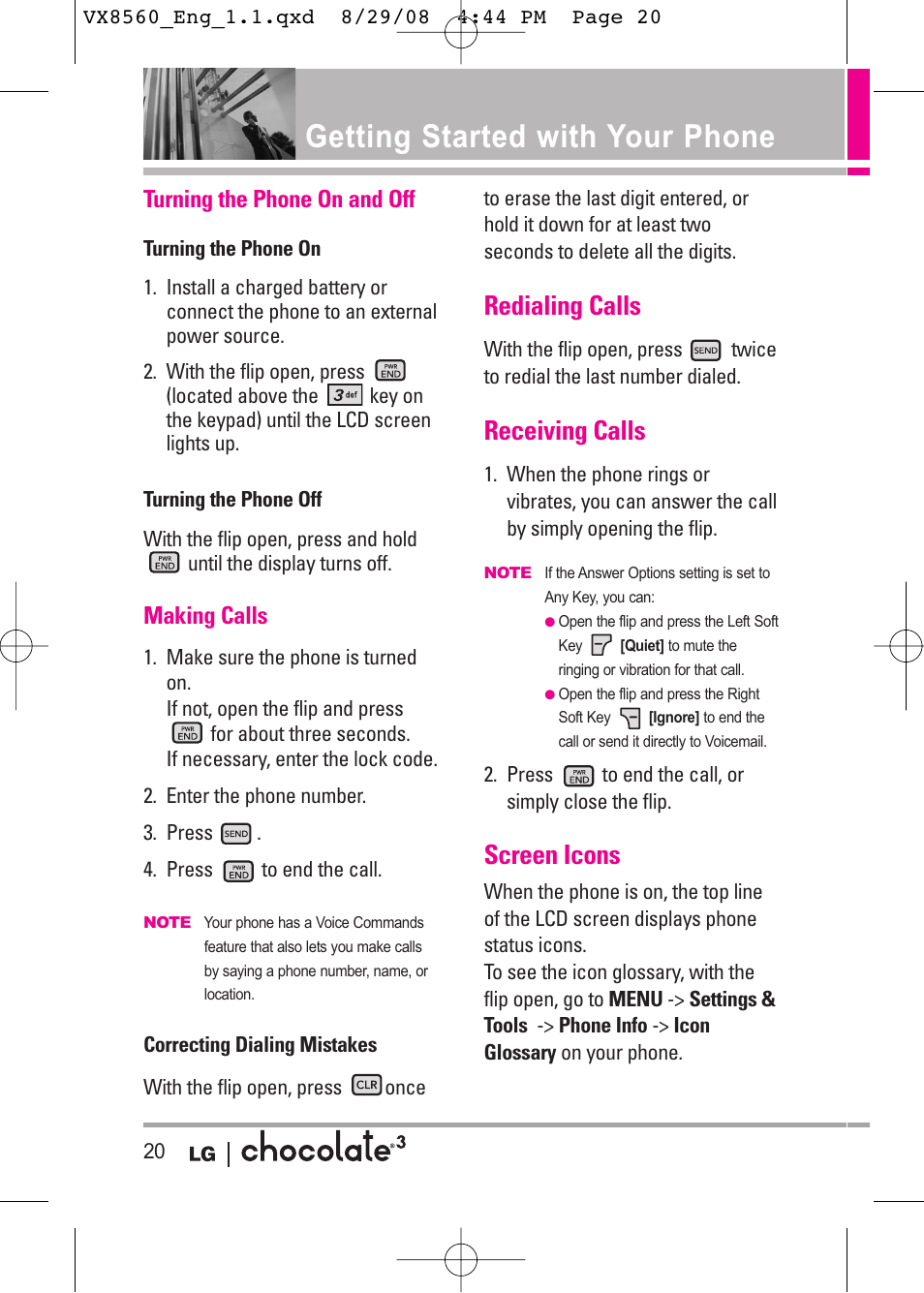 Getting started with your phone, Redialing calls, Receiving calls | Screen icons | LG LGVX8560LK User Manual | Page 22 / 288