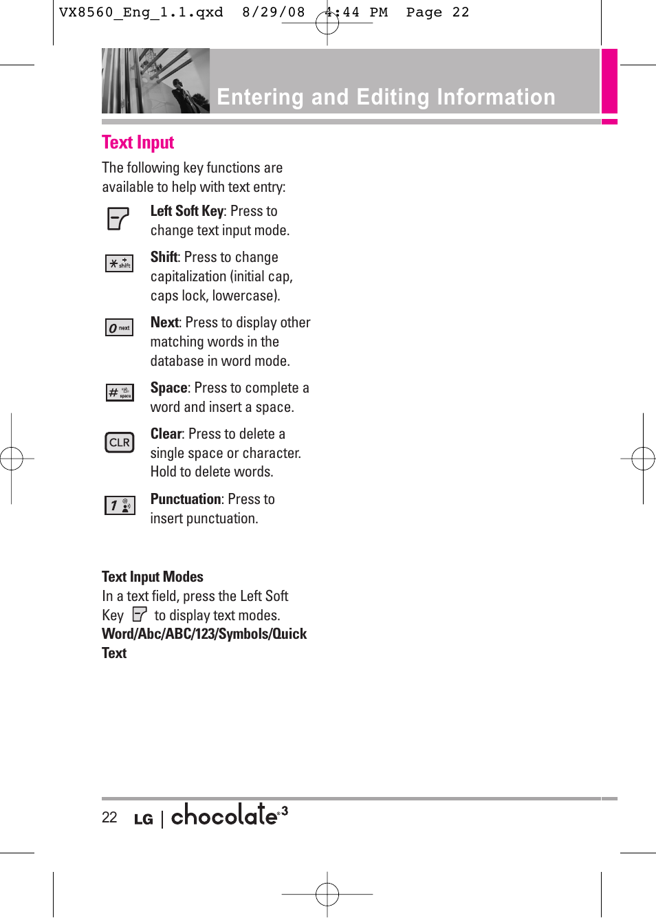 Entering and editing information, Text input | LG LGVX8560LK User Manual | Page 24 / 288