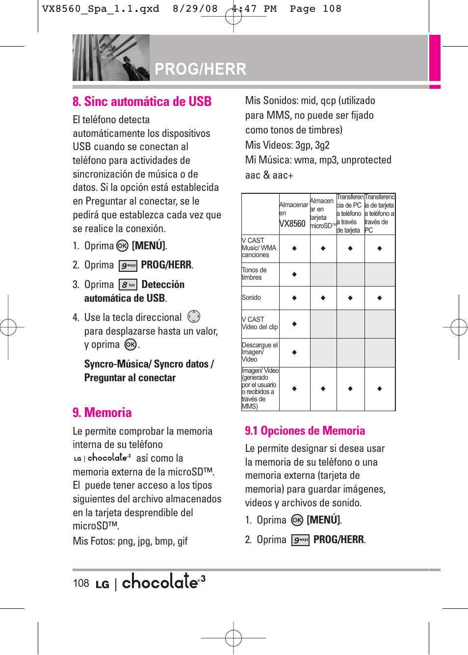 Prog/herr, Sinc automática de usb | LG LGVX8560LK User Manual | Page 245 / 288