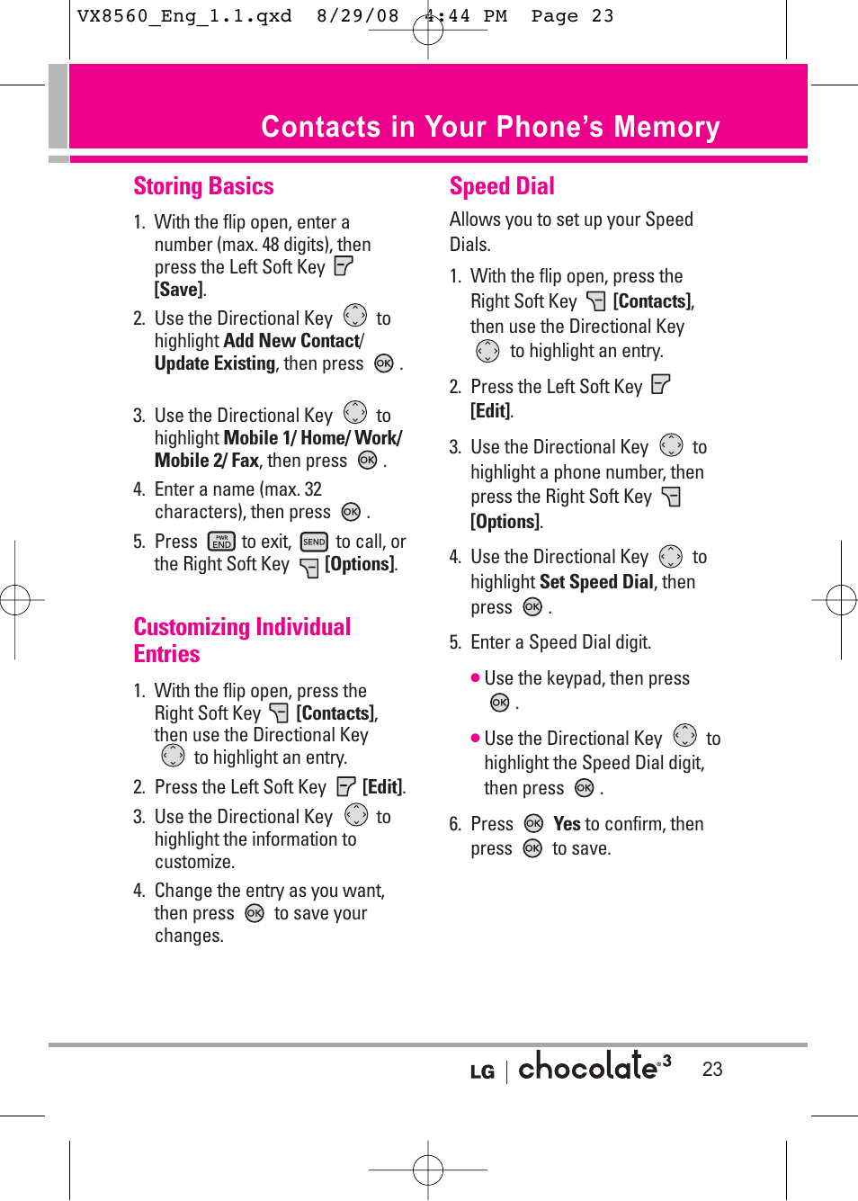 Storing basics, Customizing individual entries, Speed dial | LG LGVX8560LK User Manual | Page 25 / 288