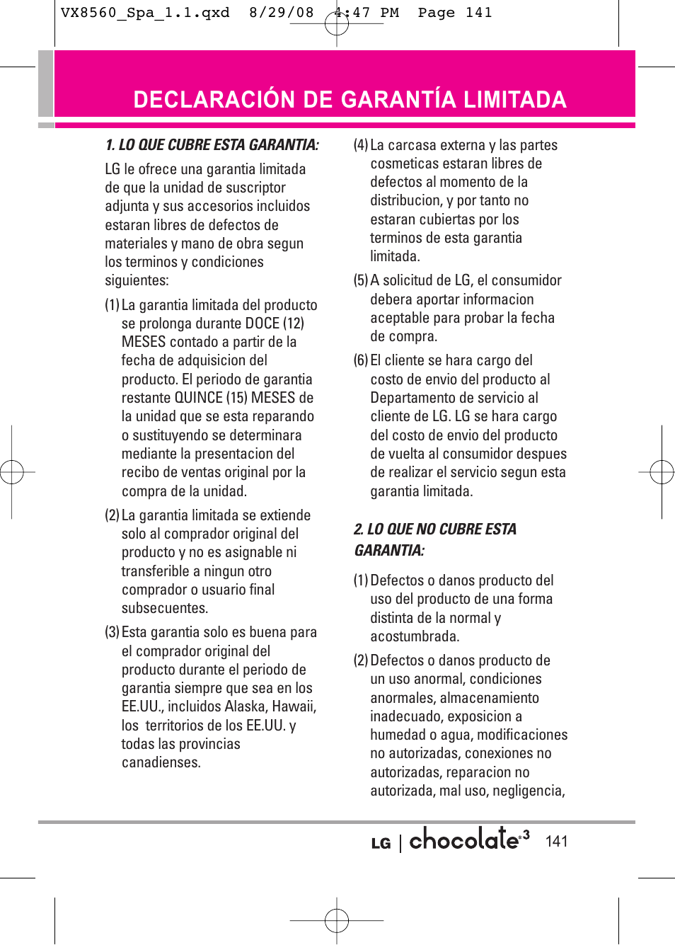 Declaración de garantía limitada | LG LGVX8560LK User Manual | Page 278 / 288