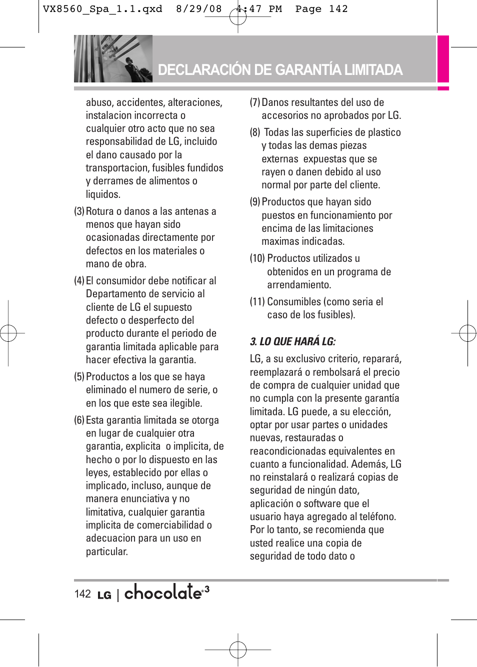 Declaración de garantía limitada | LG LGVX8560LK User Manual | Page 279 / 288
