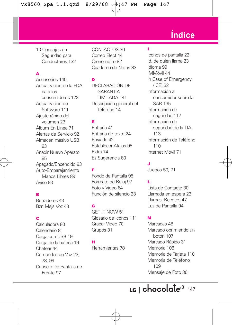 Índice | LG LGVX8560LK User Manual | Page 284 / 288