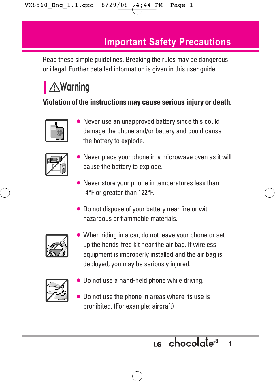 Important safety precautions | LG LGVX8560LK User Manual | Page 3 / 288