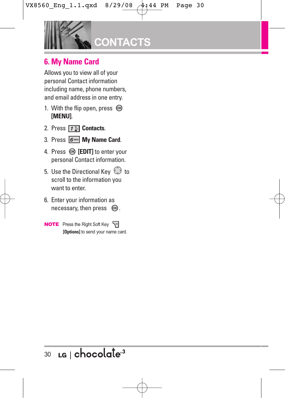 Contacts, My name card | LG LGVX8560LK User Manual | Page 32 / 288