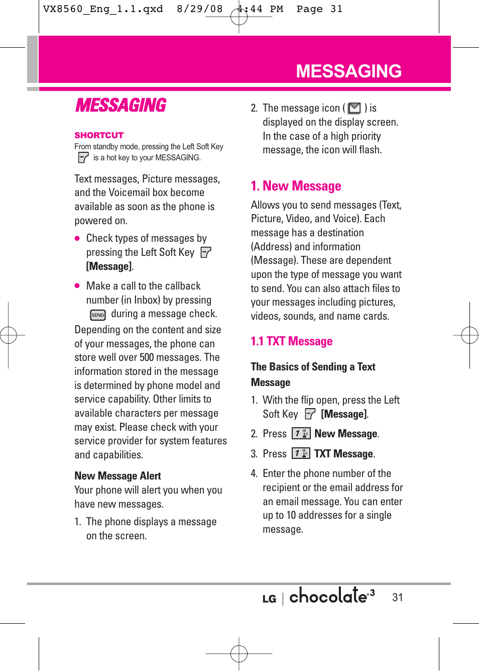 Mme es ss sa ag giin ng g, Messaging | LG LGVX8560LK User Manual | Page 33 / 288