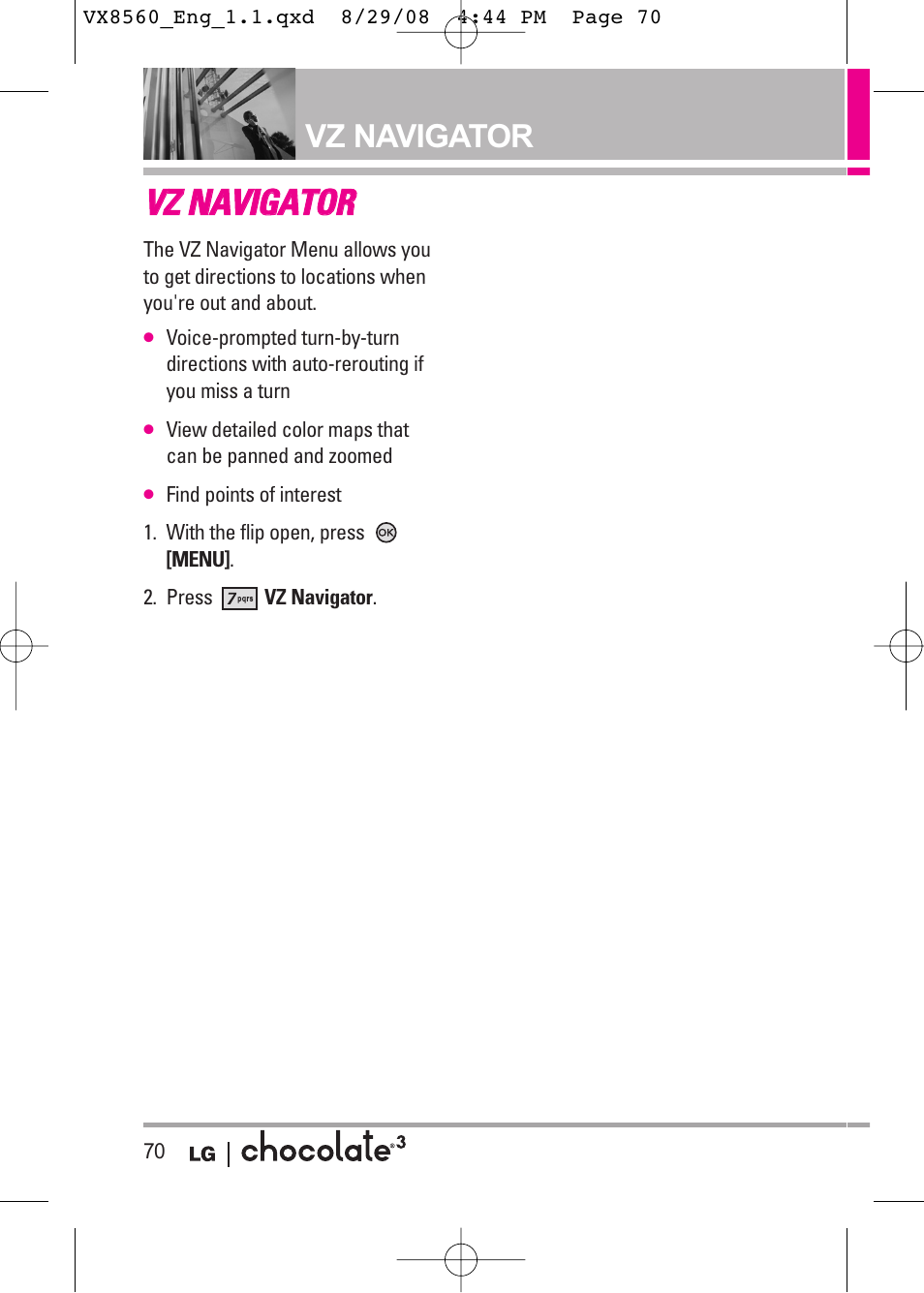 Vvz z n na av viig ga at to or r, Vz navigator | LG LGVX8560LK User Manual | Page 72 / 288