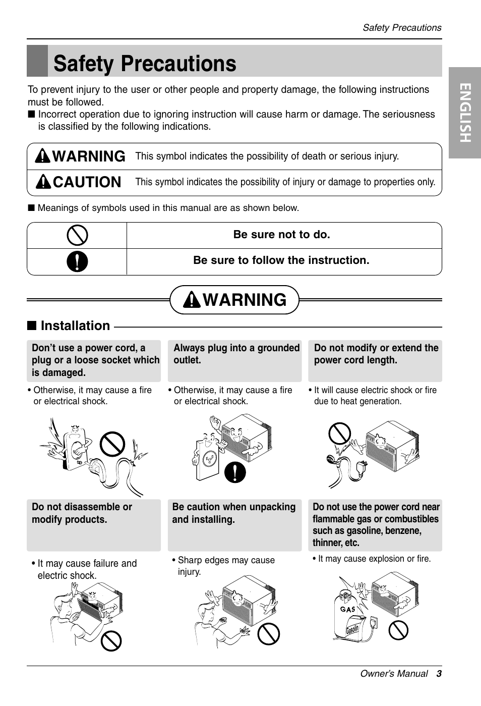 Safety precautions, Warning, English | Warning caution, Installation | LG LT121CNR User Manual | Page 3 / 48